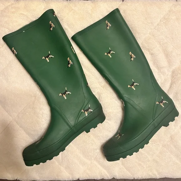 Vintage Green J. Crew Rubber Rain Boots with Beagles - Picture 1 of 4